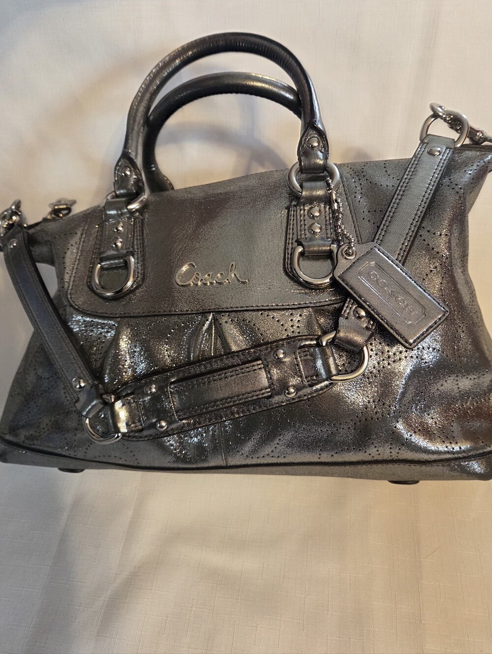 Coach Ashley Metallic Silver Leather Satchel Bag